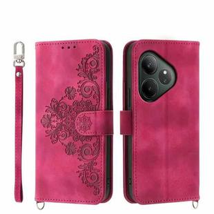 For Realme GT 6 Global Skin-feel Flowers Embossed Wallet Leather Phone Case(Wine Red)