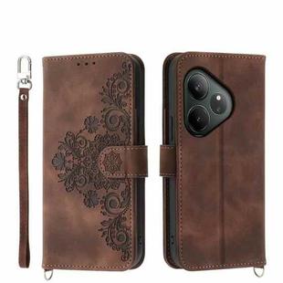 For Realme GT 6 Global Skin-feel Flowers Embossed Wallet Leather Phone Case(Brown)