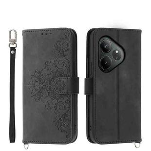 For Realme GT 6 Global Skin-feel Flowers Embossed Wallet Leather Phone Case(Black)