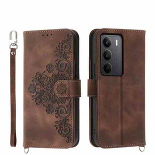 For Realme C75 / Realme 14x Skin-feel Flowers Embossed Wallet Leather Phone Case(Brown)