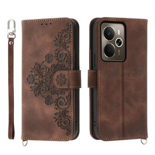 For Realme 14 / Realme P3 5G Skin-feel Flowers Embossed Wallet Leather Phone Case(Brown)