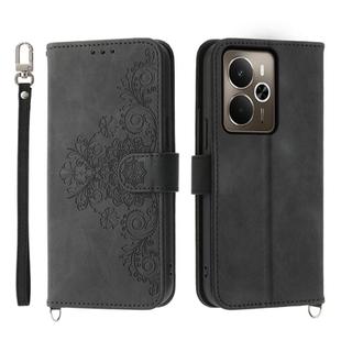 For Realme 14 / Realme P3 5G Skin-feel Flowers Embossed Wallet Leather Phone Case(Black)