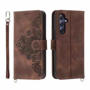 For Samsung Galaxy M54 5G Skin-feel Flowers Embossed Wallet Leather Phone Case(Brown)