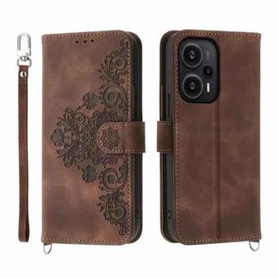 For Xiaomi Redmi Note 12 Turbo 5G/Poco F5 Skin-feel Flowers Embossed Wallet Leather Phone Case(Brown)