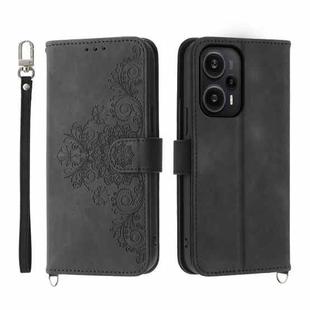 For Xiaomi Redmi Note 12 Turbo 5G/Poco F5 Skin-feel Flowers Embossed Wallet Leather Phone Case(Black)
