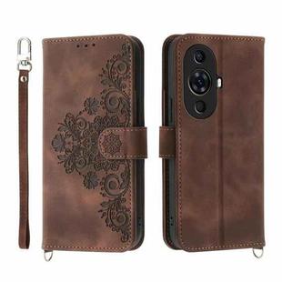 For Huawei nova 11 Pro 4G Skin-feel Flowers Embossed Wallet Leather Phone Case(Brown)