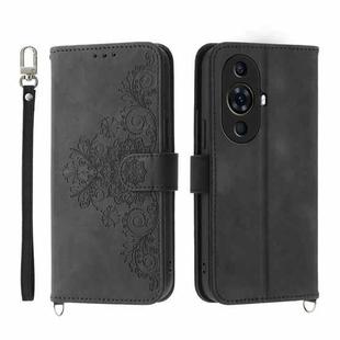 For Huawei nova 11 Pro 4G Skin-feel Flowers Embossed Wallet Leather Phone Case(Black)