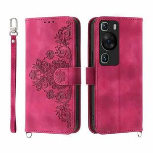 For Huawei P60 / P60 Pro Skin-feel Flowers Embossed Wallet Leather Phone Case(Wine Red)