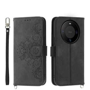 For Huawei Mate 60 Skin-feel Flowers Embossed Wallet Leather Phone Case(Black)