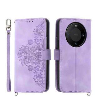 For Huawei Mate 60 Pro Skin-feel Flowers Embossed Wallet Leather Phone Case(Purple)