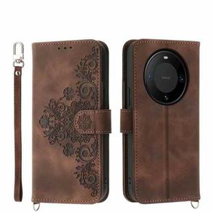 For Huawei Mate 60 Pro Skin-feel Flowers Embossed Wallet Leather Phone Case(Brown)