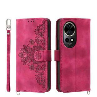 For Huawei nova 12 Pro Skin-feel Flowers Embossed Wallet Leather Phone Case(Wine Red)