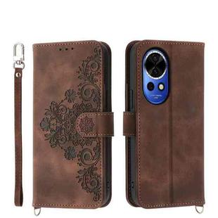 For Huawei nova 12 Skin-feel Flowers Embossed Wallet Leather Phone Case(Brown)