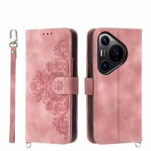 For Huawei Pura 70 Pro / Pura 70 Pro+ Skin-feel Flowers Embossed Wallet Leather Phone Case(Pink)