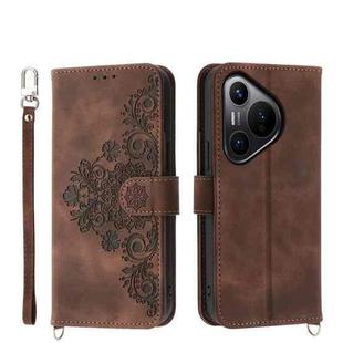 For Huawei Pura 70 Skin-feel Flowers Embossed Wallet Leather Phone Case(Brown)