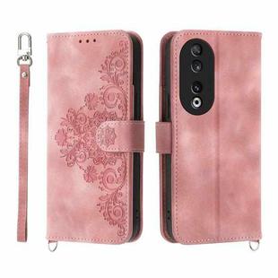 For Honor 90 5G Skin-feel Flowers Embossed Wallet Leather Phone Case(Pink)
