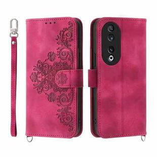 For Honor 90 5G Skin-feel Flowers Embossed Wallet Leather Phone Case(Wine Red)