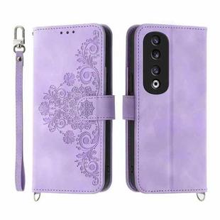 For Honor 90 Pro 5G Skin-feel Flowers Embossed Wallet Leather Phone Case(Purple)