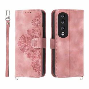 For Honor 90 Pro 5G Skin-feel Flowers Embossed Wallet Leather Phone Case(Pink)