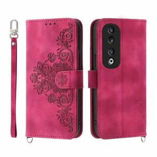 For Honor 90 Pro 5G Skin-feel Flowers Embossed Wallet Leather Phone Case(Wine Red)