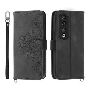 For Honor 90 Pro 5G Skin-feel Flowers Embossed Wallet Leather Phone Case(Black)
