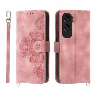 For Honor X50i Skin-feel Flowers Embossed Wallet Leather Phone Case(Pink)