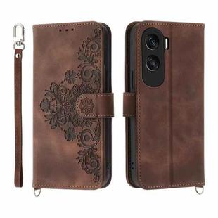 For Honor X50i Skin-feel Flowers Embossed Wallet Leather Phone Case(Brown)