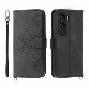 For Honor X50i Skin-feel Flowers Embossed Wallet Leather Phone Case(Black)