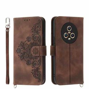 For Honor Magic5 Skin-feel Flowers Embossed Wallet Leather Phone Case(Brown)