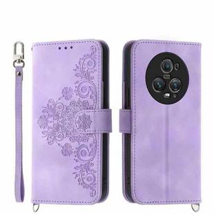 For Honor Magic5 Pro Skin-feel Flowers Embossed Wallet Leather Phone Case(Purple)