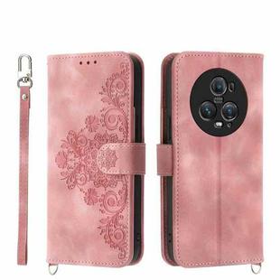 For Honor Magic5 Pro Skin-feel Flowers Embossed Wallet Leather Phone Case(Pink)