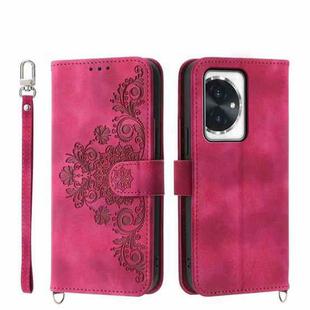 For Honor 100 Skin-feel Flowers Embossed Wallet Leather Phone Case(Wine Red)