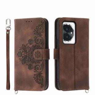 For Honor 100 Skin-feel Flowers Embossed Wallet Leather Phone Case(Brown)