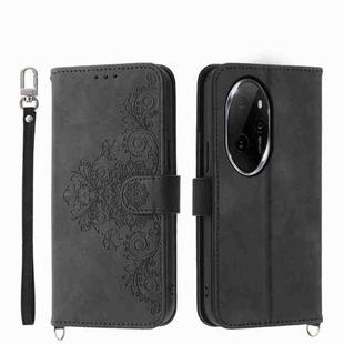 For Honor 100 Pro Skin-feel Flowers Embossed Wallet Leather Phone Case(Black)