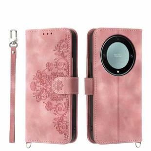 For Honor X9a Skin-feel Flowers Embossed Wallet Leather Phone Case(Pink)