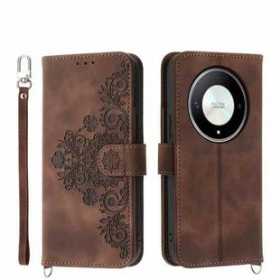 For Honor X9b Skin-feel Flowers Embossed Wallet Leather Phone Case(Brown)