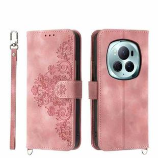 For Honor Magic6 Pro Skin-feel Flowers Embossed Wallet Leather Phone Case(Pink)