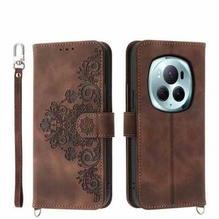 For Honor Magic6 Pro Skin-feel Flowers Embossed Wallet Leather Phone Case(Brown)