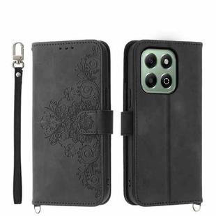 For Honor X6b Skin-feel Flowers Embossed Wallet Leather Phone Case(Black)