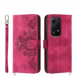 For Honor 200 Lite Global Skin-feel Flowers Embossed Wallet Leather Phone Case(Wine Red)