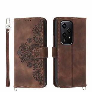 For Honor 200 Lite Global Skin-feel Flowers Embossed Wallet Leather Phone Case(Brown)