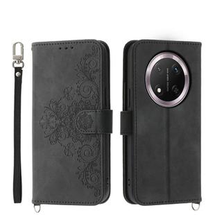 For Honor X9c Global / Magic7 Lite Skin Feel Flowers Embossed Wallet Leather Phone Case(Black)