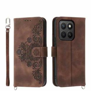 For Honor X8c 4G Skin Feel Flowers Embossed Wallet Leather Phone Case(Brown)