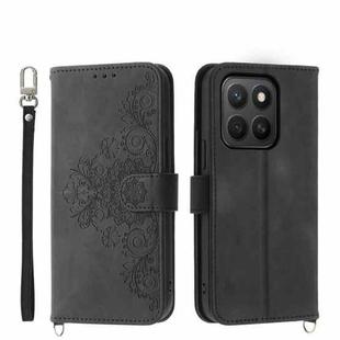 For Honor X8c 4G Skin Feel Flowers Embossed Wallet Leather Phone Case(Black)