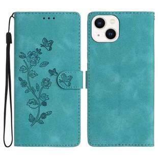 For iPhone 14 Flower Butterfly Embossing Pattern Leather Phone Case(Sky Blue)