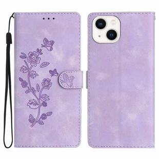 For iPhone 14 Flower Butterfly Embossing Pattern Leather Phone Case(Purple)