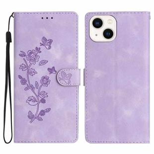 For iPhone 14 Plus Flower Butterfly Embossing Pattern Leather Phone Case(Purple)