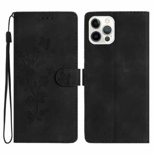 For iPhone 14 Pro Flower Butterfly Embossing Pattern Leather Phone Case(Black)