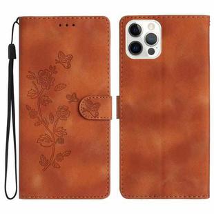 For iPhone 14 Pro Max Flower Butterfly Embossing Pattern Leather Phone Case(Brown)