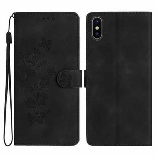 For iPhone X / XS Flower Butterfly Embossing Pattern Leather Phone Case(Black)